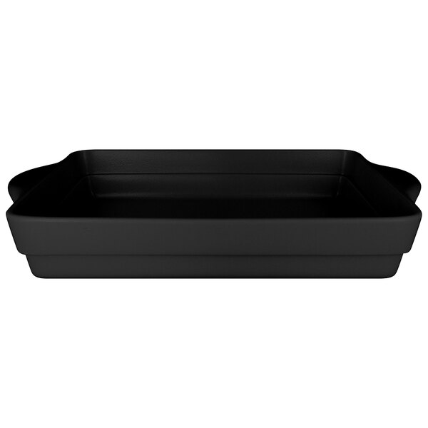 A black rectangular RAK Porcelain tureen with handles.