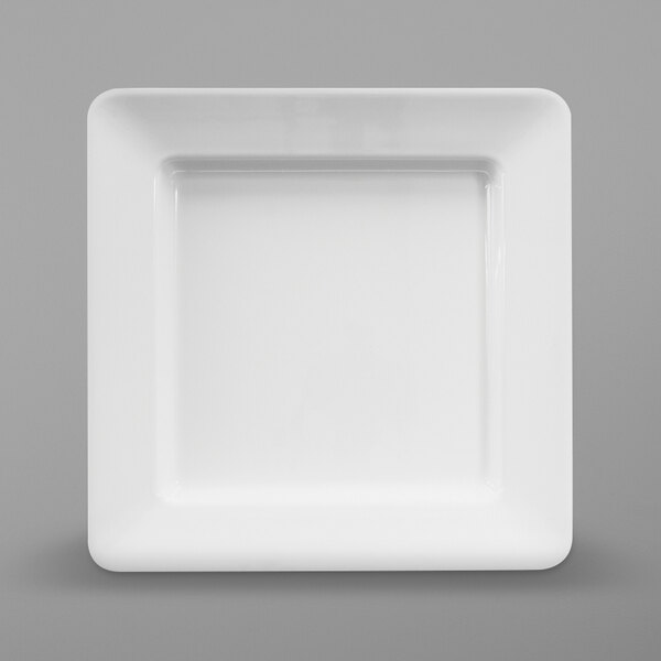 A white square melamine plate with a white rim.