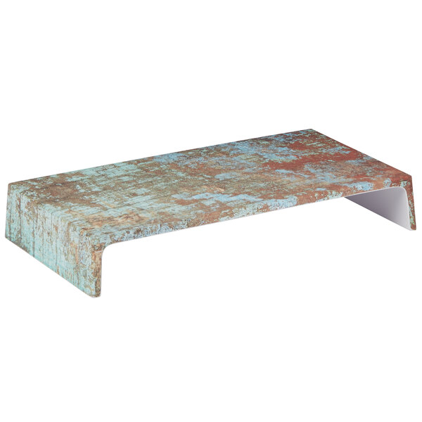 An American Metalcraft faux reclaimed wood rectangular melamine riser on a white surface.