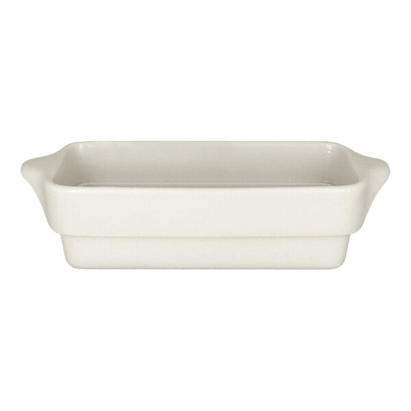 A rectangular sand white porcelain tureen with handles on each end.