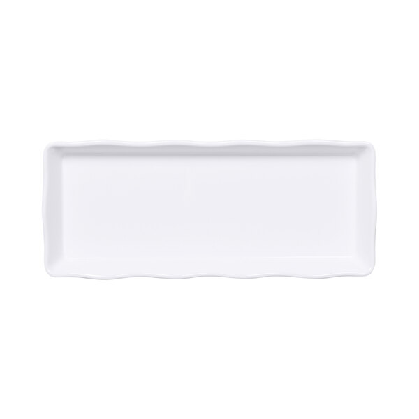 A white rectangular Elite Global Solutions melamine tray with wavy edges.