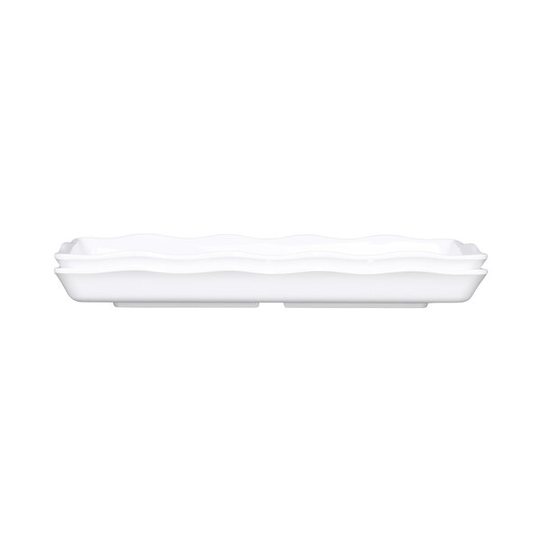A white rectangular Elite Global Solutions melamine tray with wavy edges and a handle.