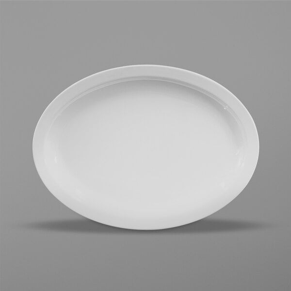 A white oval melamine platter with a white rim.