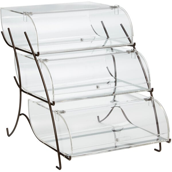 a clear display case with a black metal frame
