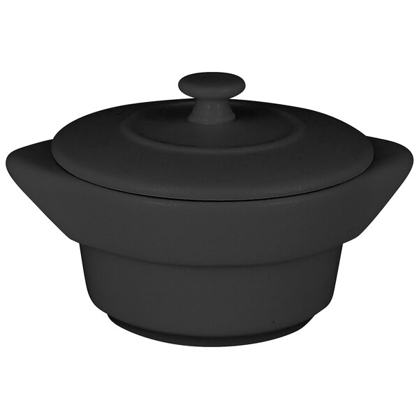 A black ceramic pot with a lid.