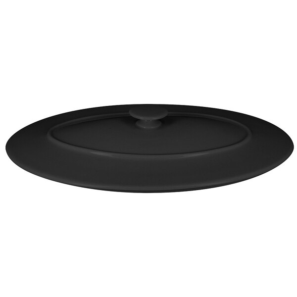 A RAK Porcelain Chef's Fusion Volcano Black Oval Porcelain Lid with a handle.