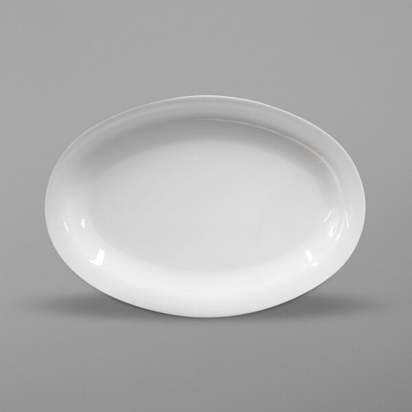 A white oval plate on a white background.