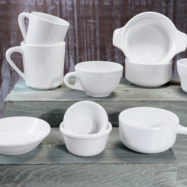 A close-up of a white bowl from the Elite Global Solutions Merced collection.