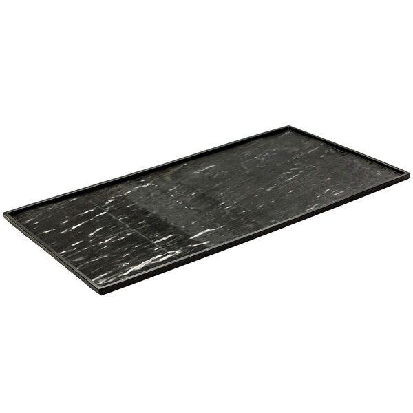 a black rectangular tray with a white background