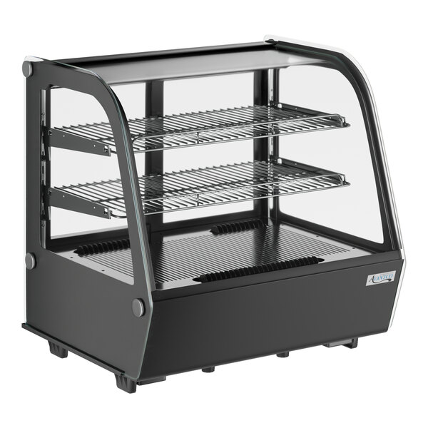 An Avantco black refrigerated countertop bakery display case with a glass top.