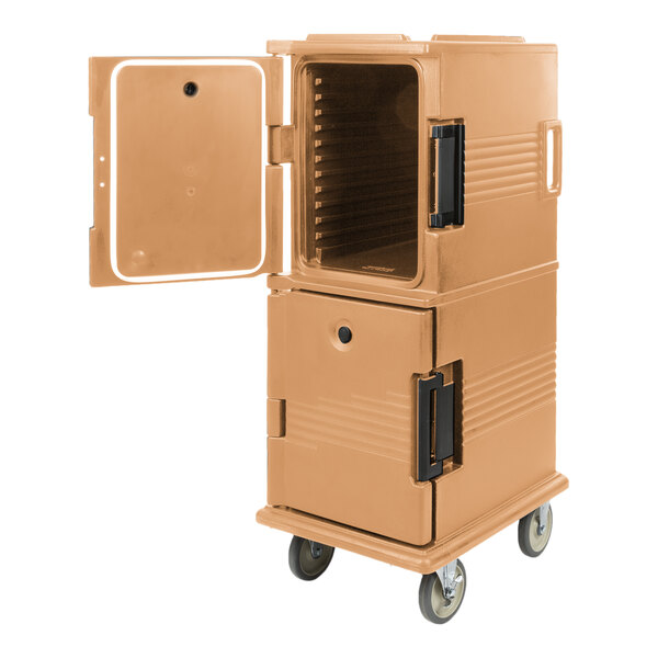A brown Cambro Ultra Camcart food pan carrier with an open door.