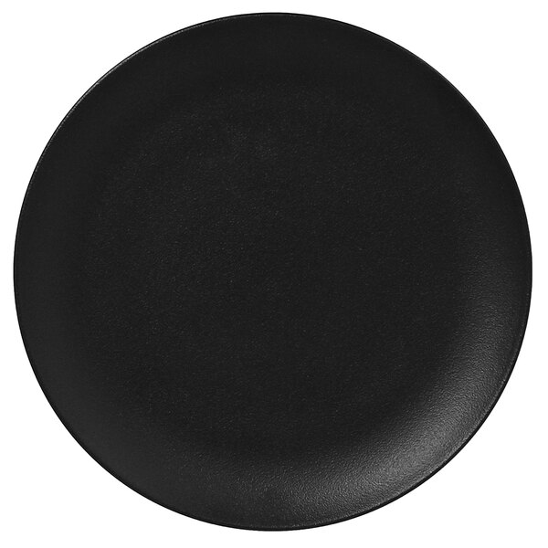 A RAK Porcelain Volcano Black flat coupe plate.