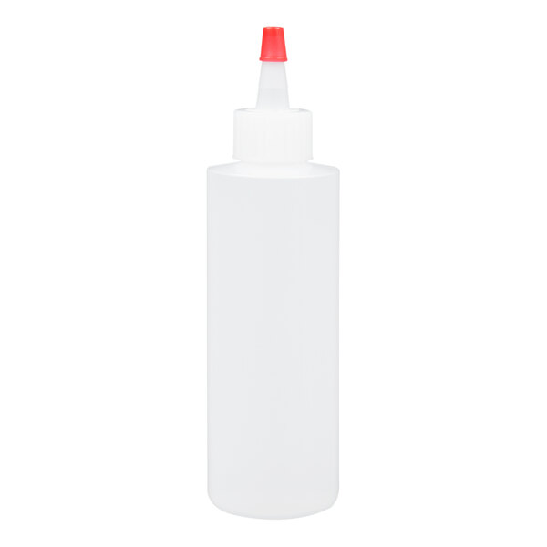 A 4 oz. plastic chef squeeze bottle with a red cap.