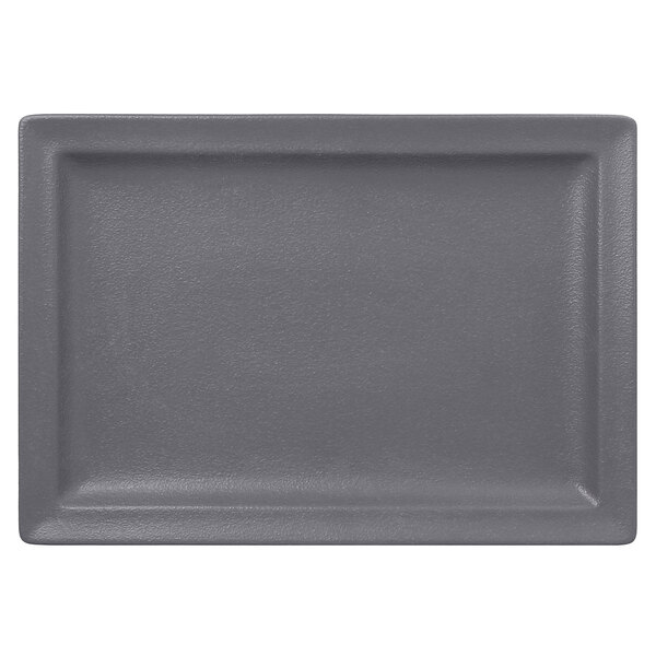 A rectangular gray RAK Porcelain Neo Fusion flat plate with a white border.