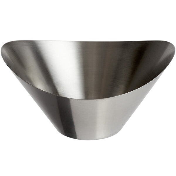 A close-up of a World Tableware stainless steel Infinity bowl with a curved shape.