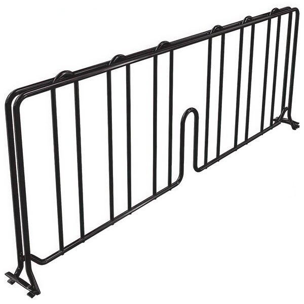 A black metal wire shelf divider with two bars.