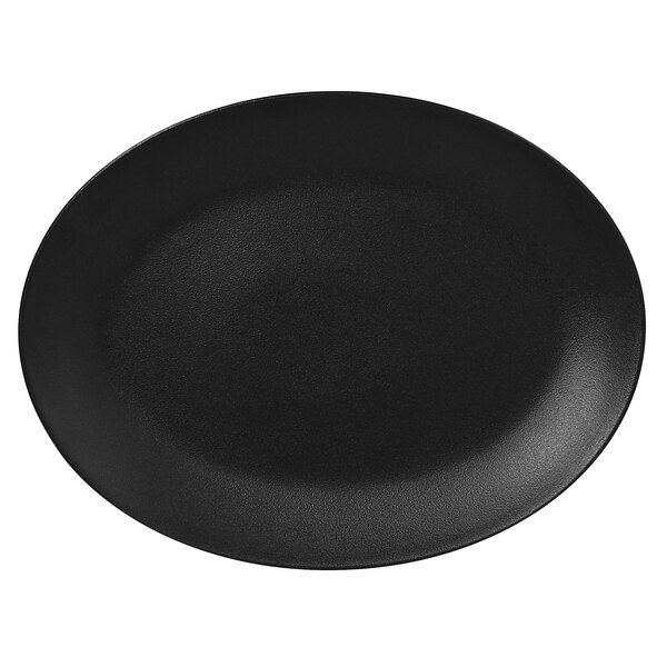 A black oval platter with a white background.