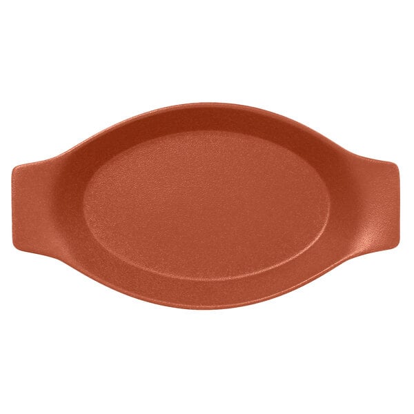A brown oval porcelain dish with handles.