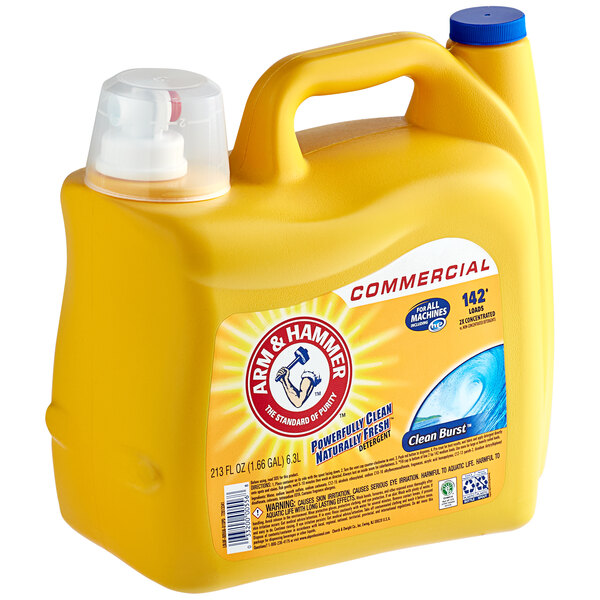 An Arm & Hammer yellow container of liquid laundry detergent with a Clean Burst label.
