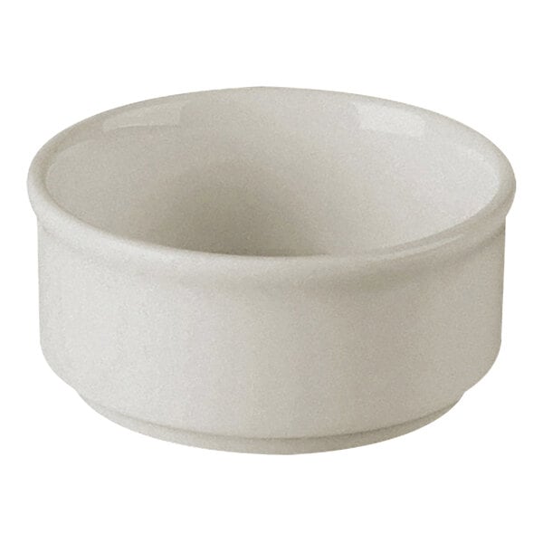 A white RAK Porcelain stackable ramekin with a hole in the bottom.