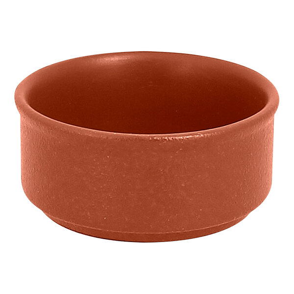 A close up of a RAK Porcelain terra brown stackable ramekin.