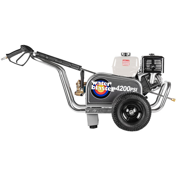 A Simpson aluminum water blaster pressure washer with a Honda engine and hose attached.