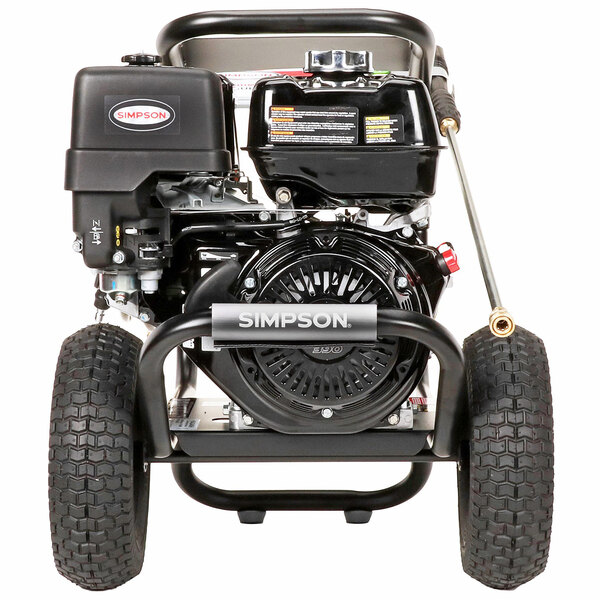 A Simpson gas powered pressure washer with wheels.