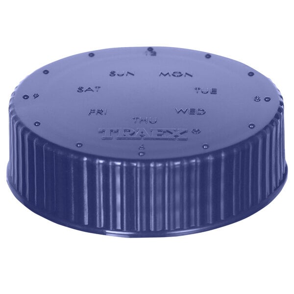 A Vollrath purple plastic lid with a blue cap and writing on it.