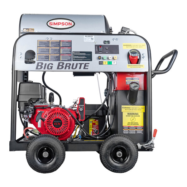 A Simpson 49-state compliant gas powered pressure washer with a red Honda engine and wheels.