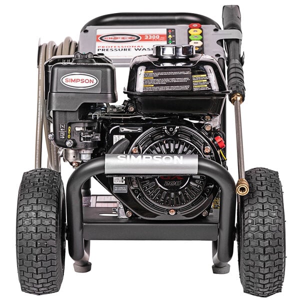 A black Simpson gas-powered pressure washer with wheels.