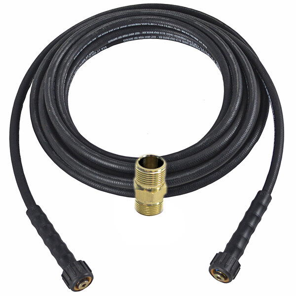 A black Simpson Santoprene pressure washer hose with a gold fitting.