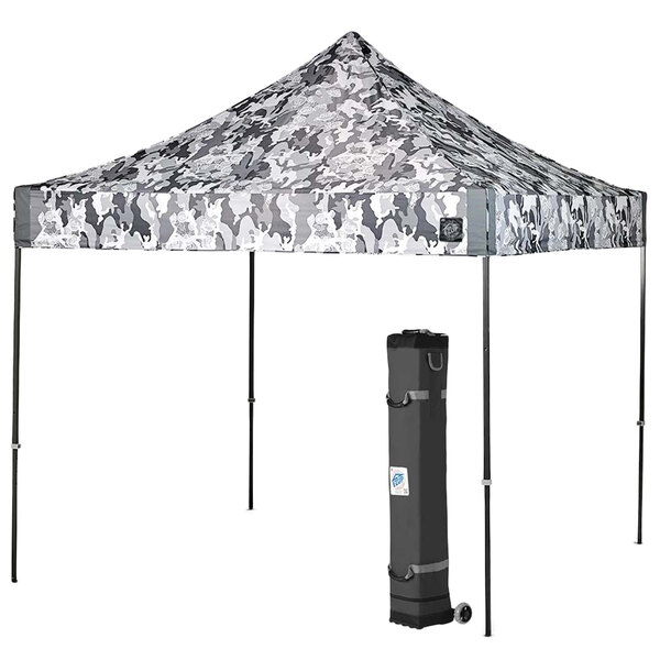 An E-Z Up Vantage canopy with a gray and white camouflage pattern on a black rectangular box.