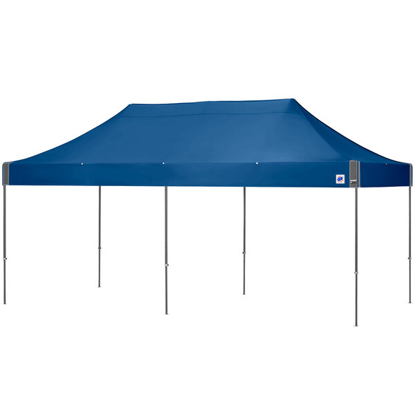 A blue rectangular E-Z Up canopy with a metal frame.