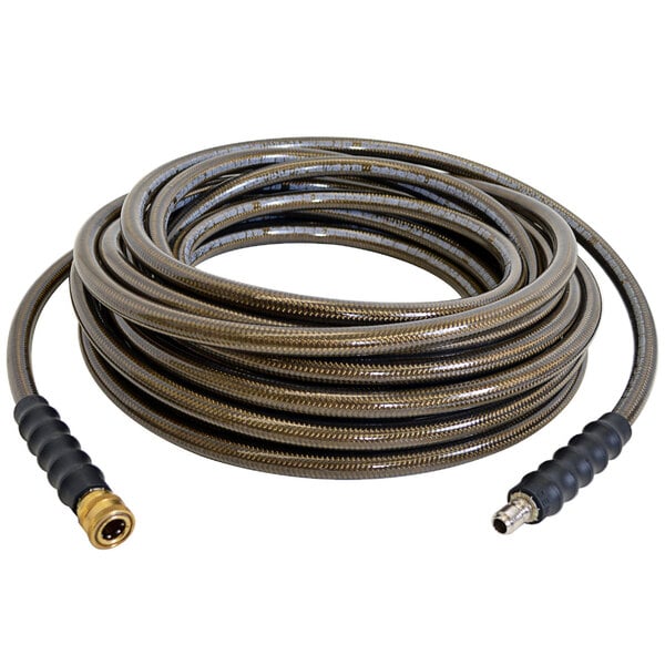 A coiled black hose with gold connectors.