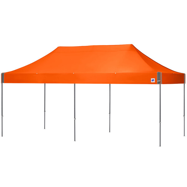 An orange rectangular E-Z Up canopy with steel gray poles.