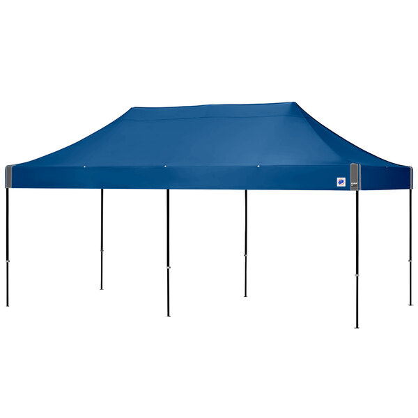 An E-Z Up royal blue canopy with a black frame.