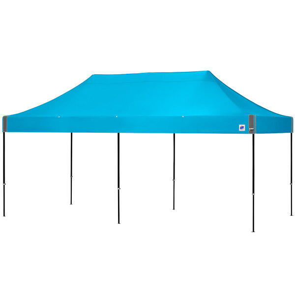 A blue rectangular E-Z Up canopy with a black frame.