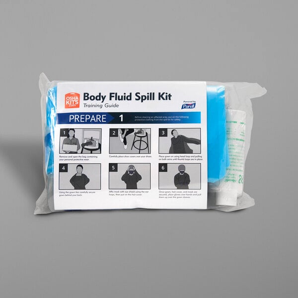 A white package with a plastic bag of Purell body fluid spill kit inside.