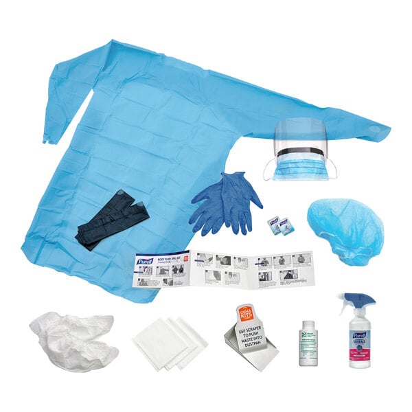 A body fluid spill refill kit containing protective clothing, gloves, face shield, mask, cleaning supplies, and disinfectant products.