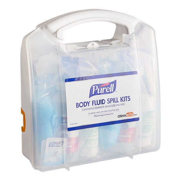 A Purell body fluid spill kit in a clear clamshell case with a handle.