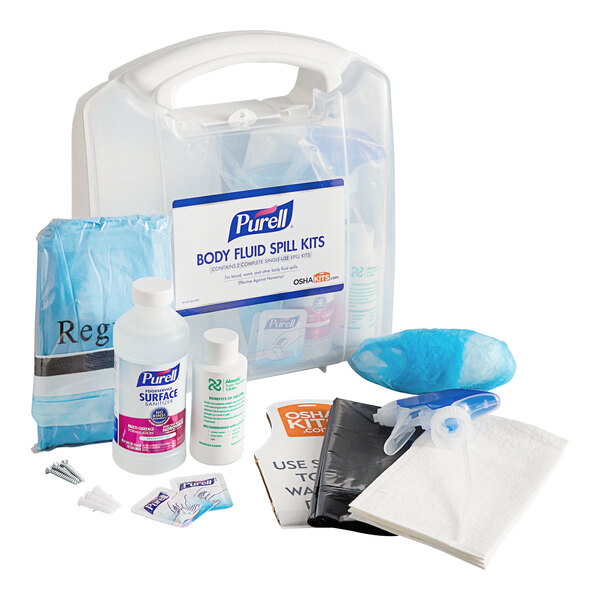 A body fluid spill kit with a clamshell case containing cleaning and protective supplies.