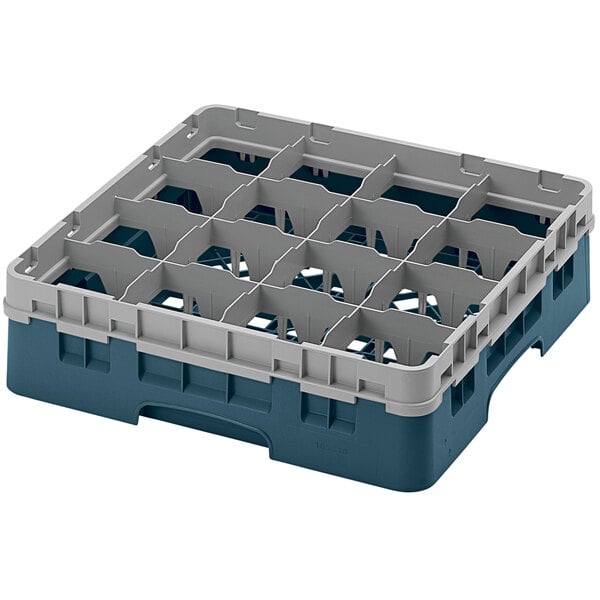 A teal plastic Cambro glass rack with 16 compartments.