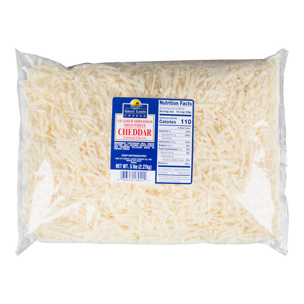 A 5-pound bag of shredded mild white natural cheddar cheese from Great Lakes Cheese.