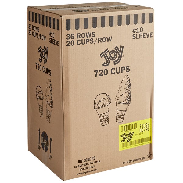 A box of JOY #10 flat bottom cake cones with a label on it.