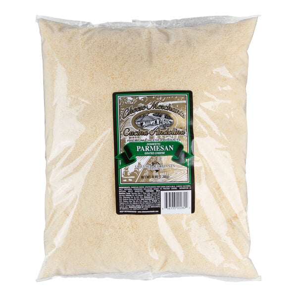 A large clear plastic bag containing grated Parmesan cheese with a label on the front.