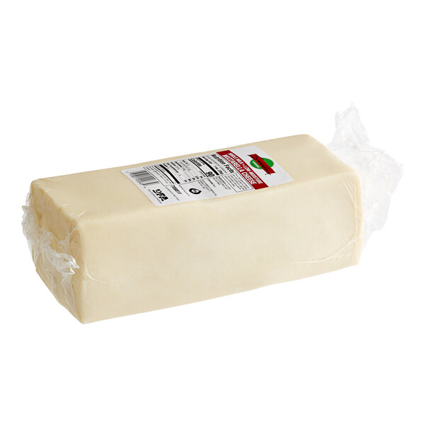 A white block of Savoldi whole milk mozzarella cheese.