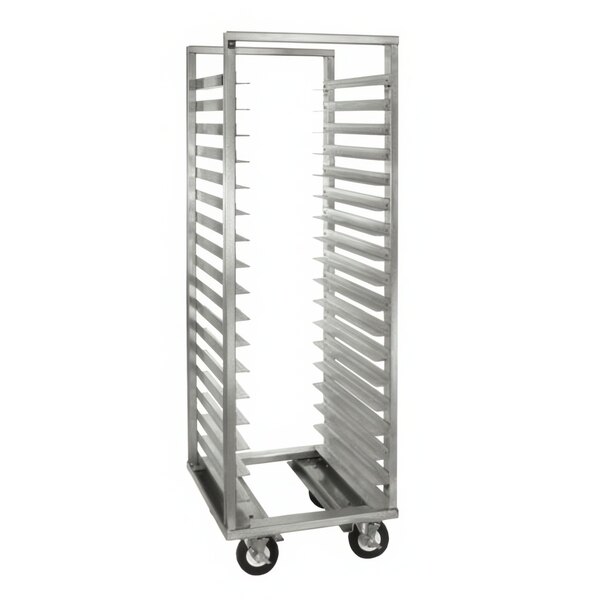 A Cres Cor metal sheet pan rack on wheels.