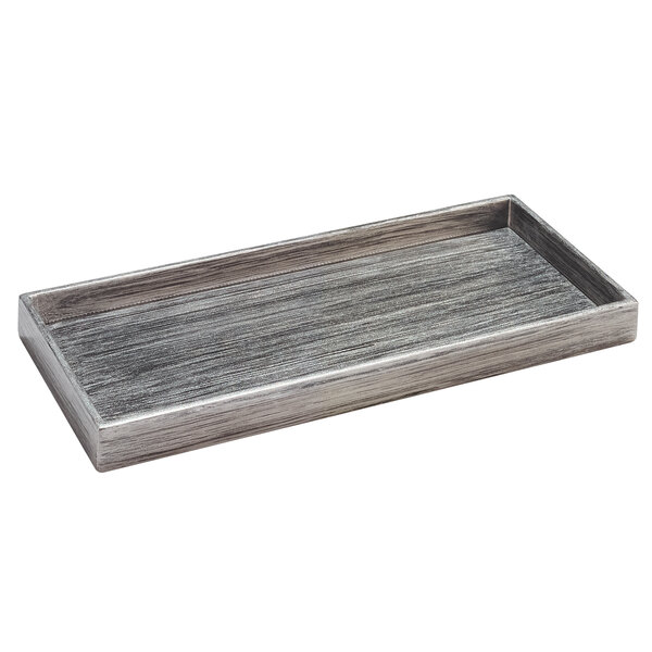 A rectangular brushed metal amenity tray with a hand-painted finish.