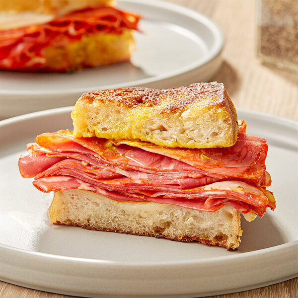 A sandwich on a plate with Citterio cooked hot capocollo and cheese.