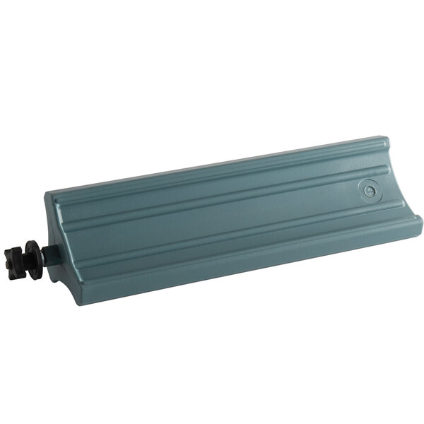 A slate blue plastic panel for a Cambro dish caddy with a black screw.